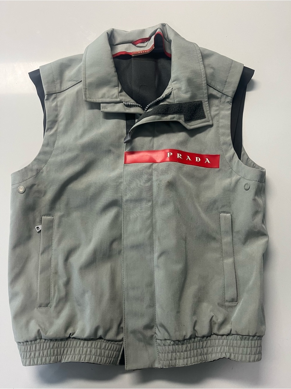 Prada Light Gray Sleeveless Vest with Red Logo Tape